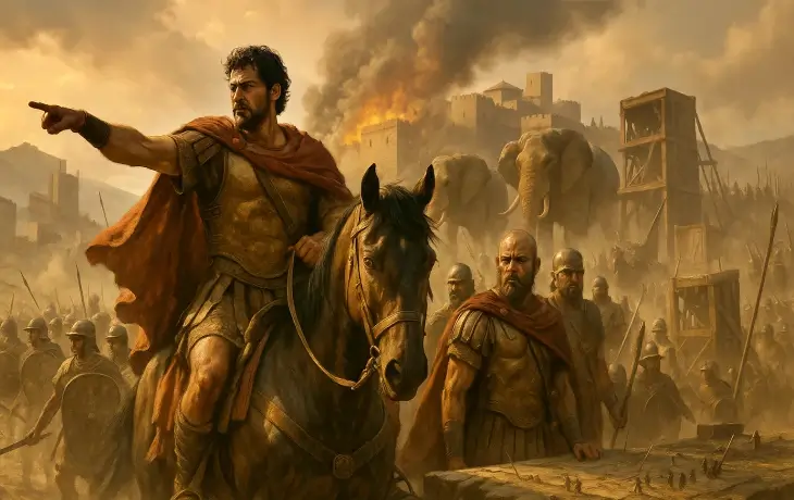 Hannibal Barca’nın Olcades seferi sırasında at üzerinde komuta verdiği, arkada filler, askerler ve kuşatma kulelerinin görüldüğü yoğun savaş sahnesi.